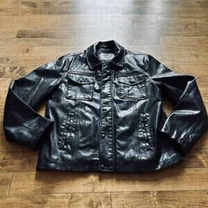 Levis Jacket Mens Large Black Leather Faux Fur Lined Full Zip Snap Chore Pockets